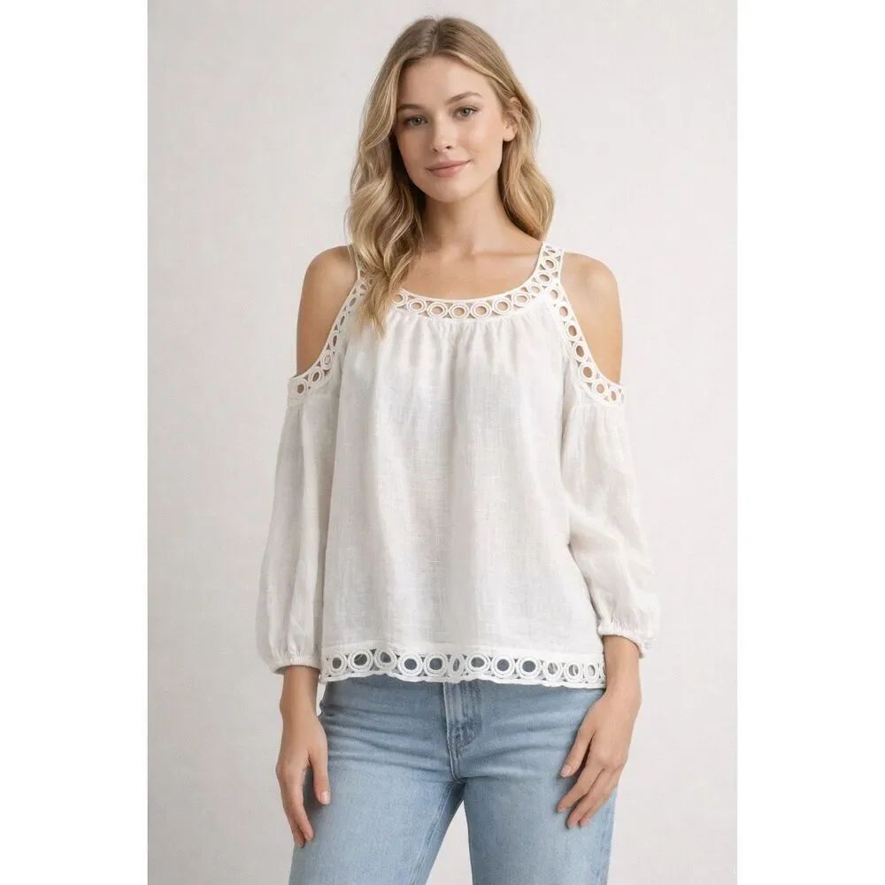 Miss Love White Boho Cold Shoulder Lace Trim Blouse Small - Picture 1 of 12
